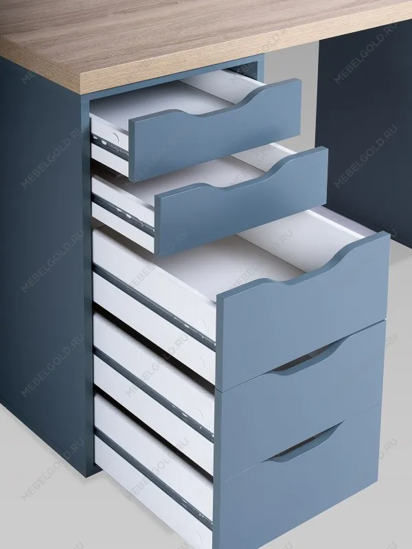 Стол письменный Ингар, 10 ящиков, 140х75х55 см, серо-бирюзовый, столешница дуб беленый | изображение 13