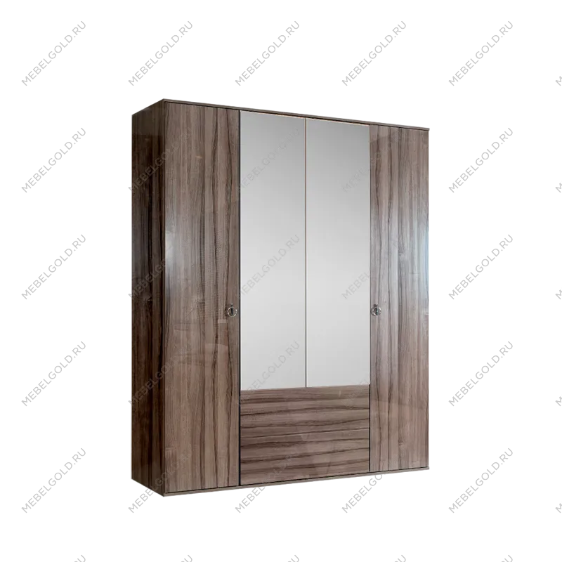 Шкаф 4-х дверный с зеркалом, с ящиками Римини (Орех империя/Серебро) РМШ1/41