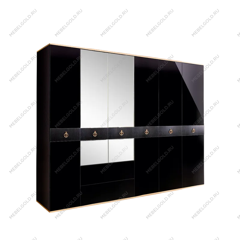 Шкаф 6-ти дверный с зеркалом, с ящиками Римини СОЛО (Черный/Золото) РМШ1/61(s)
