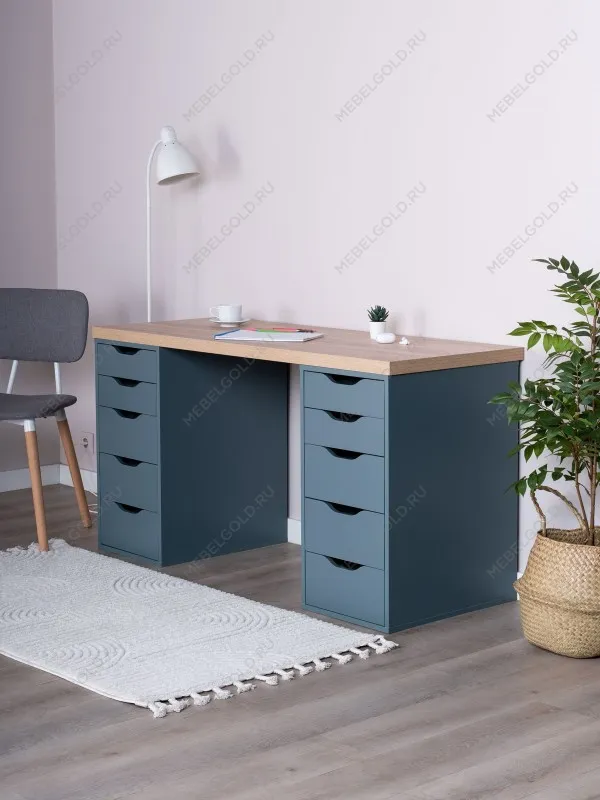 Стол письменный Ингар, 10 ящиков, 140х75х55 см, серо-бирюзовый, столешница дуб беленый | изображение 1
