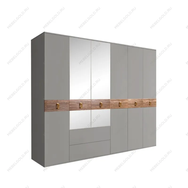 Шкаф 6-ти дверный с зеркалами, с ящиками, Bogemia Wood Fa (Серый/Золото) БМШ1/61(Wo)