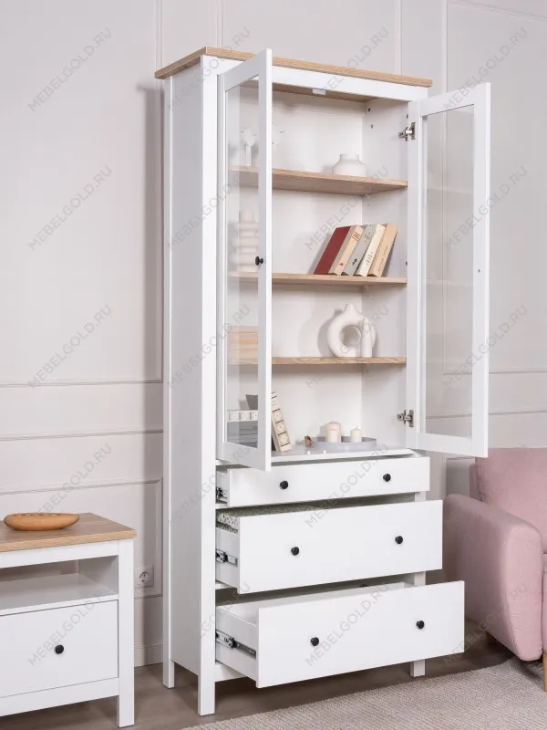 Шкаф с витриной Сага, 90х41х215 см, белый/ясень | изображение 2