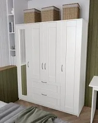 БРИМНЭС / СИРИУС Шкаф ИКЕА / IKEA комбинированный 4 двери и 2 ящика белый (с 1 зеркалом)