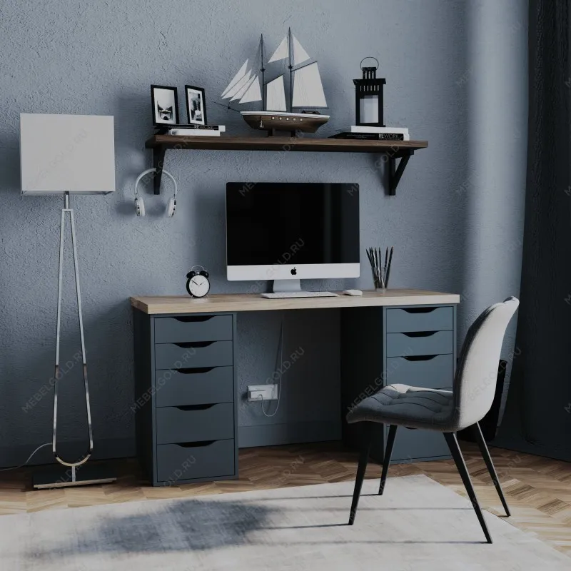 Стол письменный Ингар, 10 ящиков, 140х75х55 см, серо-бирюзовый, столешница дуб беленый | изображение 9