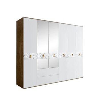 Шкаф 6-ти дверный с зеркалами, с ящиками, Bogemia Woodline Fa (Белый/Золото) БМШ1/61(Fa)