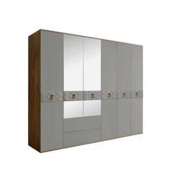Шкаф 6-ти дверный с зеркалами, с ящиками, Bogemia Woodline Fa (Серый/Золото) БМШ1/61(Fa)