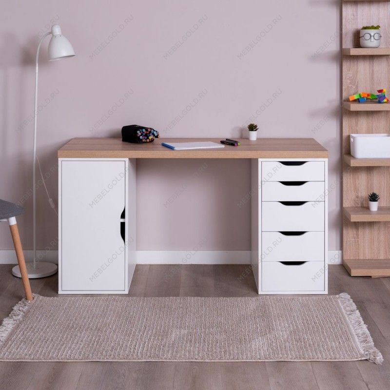 ИНГАР 2/5/ДВ стол письменный 140x75x55, дуб беленый/белый | изображение 3