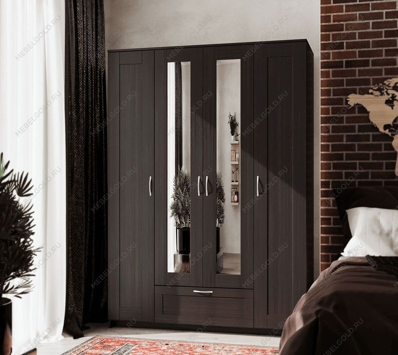 БРИМНЭС / СИРИУС Шкаф четырёхдверный ИКЕА / IKEA с одним выдвижным ящиком и двумя зеркалами, Дуб Венге | изображение 4