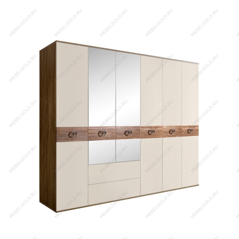 Шкаф 6-ти дверный с зеркалами, с ящиками, Bogemia Woodline Wood Fi (Слоновая кость/Хром) БМШ1/61(Wo)