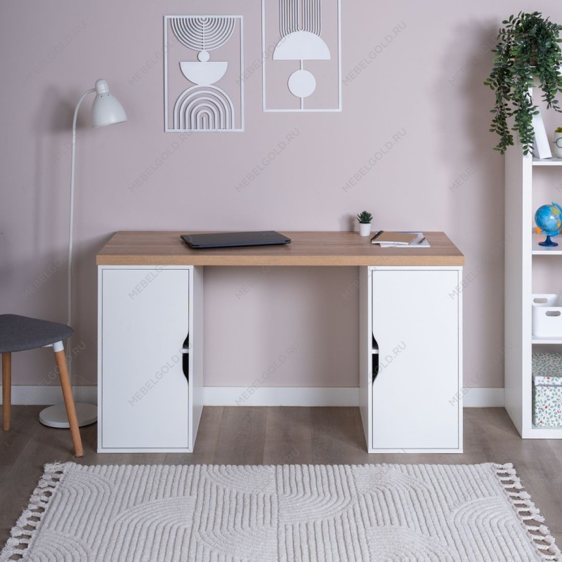 ИНГАР 2/ДВ/ДВ стол письменный 140x75x55, дуб беленый/белый | изображение 3