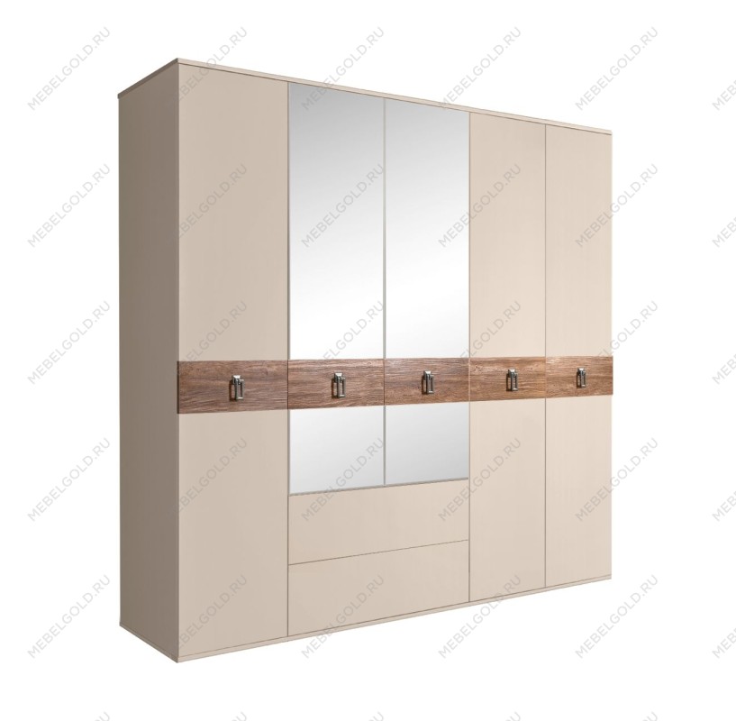 Шкаф 5-ти дверный с зеркалами, с ящиками, Bogemia Wood Fa (Ваниль/Хром) БМШ1/51(Wo)