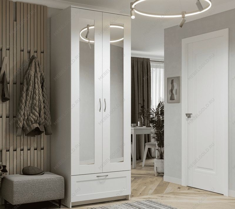 БРИМНЭС / СИРИУС Шкаф двухдверный ИКЕА / IKEA белый с одним выдвижным ящикам и двумя зеркалами | изображение 4