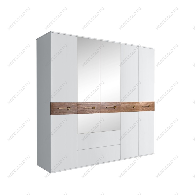 Шкаф 5-ти дверный с зеркалами, с ящиками, Bogemia Wood Wo (Белый/Золото) БМШ1/51(Wo)