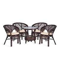 Комплект PELANGI 02/15 ( стол со стеклом + 4 кресла ) [с подушками], ротанг, кресло 65х65х77см, стол диаметр 64х61см, walnut (грецкий орех)