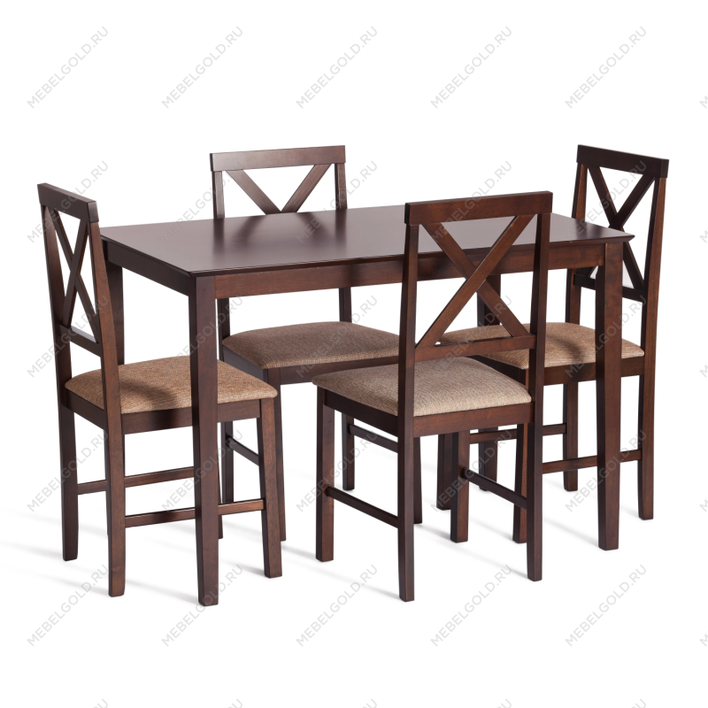 Обеденный комплект Хадсон (стол + 4 стула)/Hudson Dining Set, дерево гевея/мдф, стол: 110х70х75см / стул: 44х42х89см, cappuccino (темный орех), ткань кор.-зол. (1